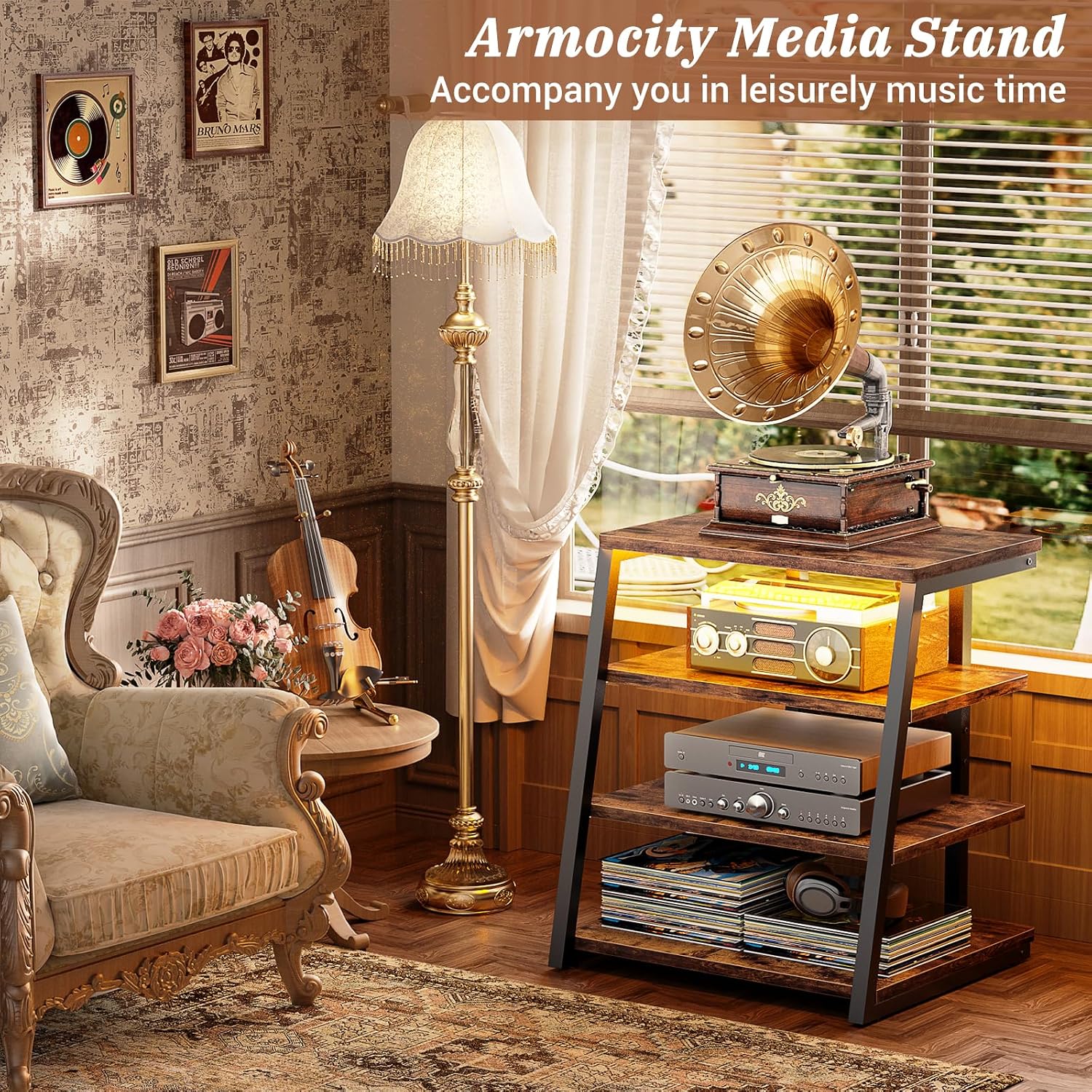 Armocity 4-Tier AV Media Stand with Power Strips, Stereo Stand with LED Lights, Audio Tower Rack with Adjustable Shelves, Small Entertainment Center, 30'', Rustic Brown