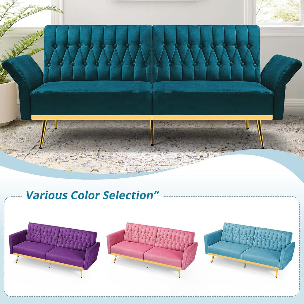 70' Velvet Futon Sofa Bed w/Adjustable Armrests and Backrest, Convertible Futon Couch w/2 Pillows, Modern Sleeper Bed for Living Room, Bedroom, Teal