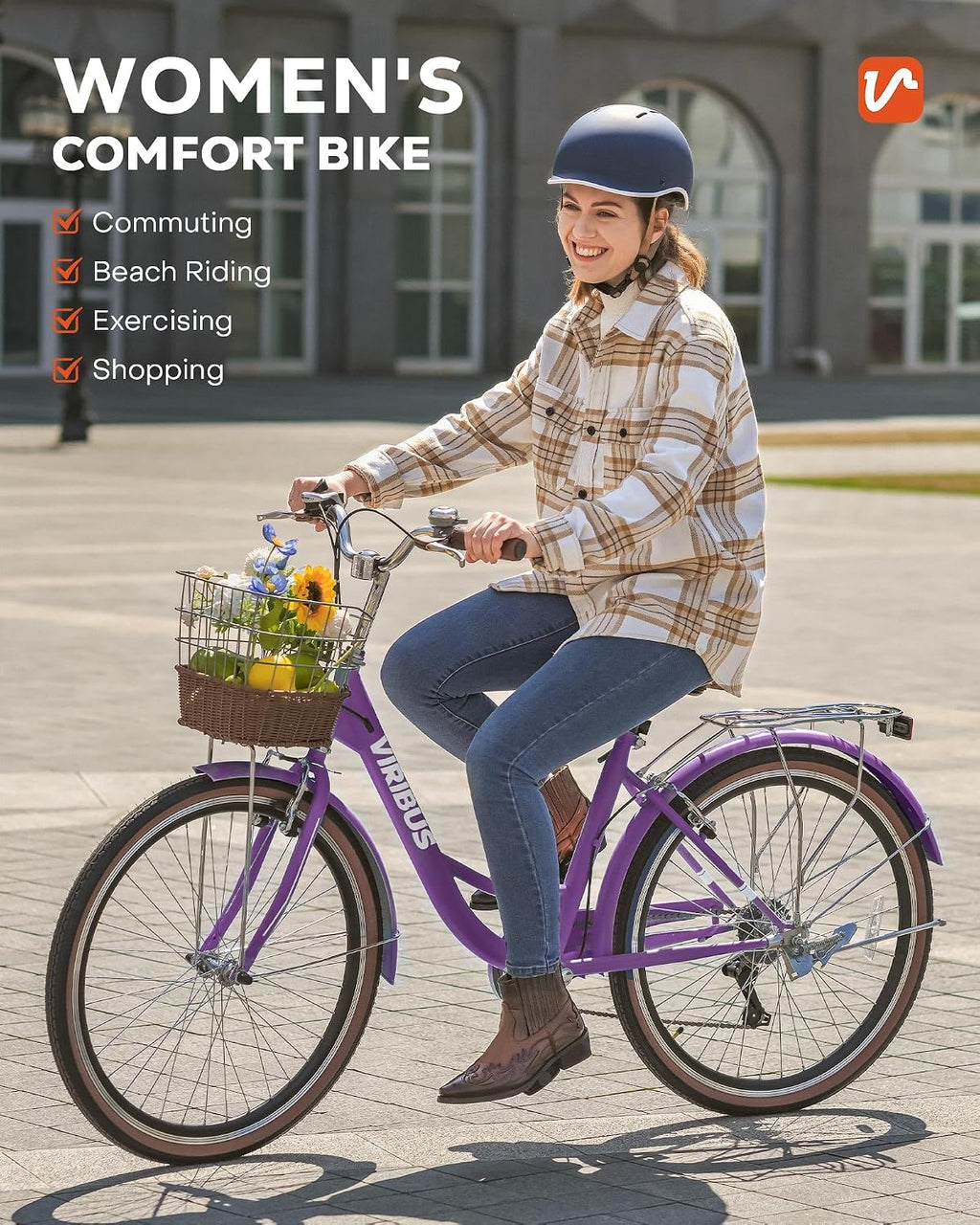 VIRIBUS Womens Cruiser Bike, 7 Speed Beach Cruiser Bike for Women, 26 inch Women Bicycle with Rattan Basket, City Commuter Vintage Retro Step Through Bicycle for Female Ladies Seniors, 330 Lb.