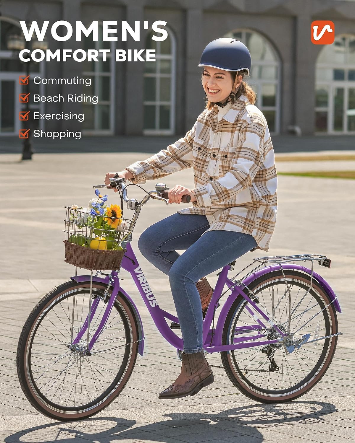 VIRIBUS Womens Cruiser Bike, 7 Speed Beach Cruiser Bike for Women, 26 inch Women Bicycle with Rattan Basket, City Commuter Vintage Retro Step Through Bicycle for Female Ladies Seniors, 330 Lb.