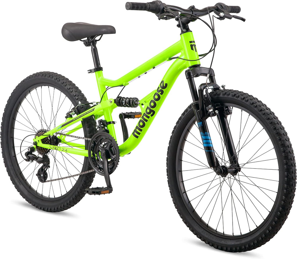 Mongoose Status Mountain Bike, 24 Inch Bike for Kids and Teens, 21 Speed, Aluminum Suspension Frame, Steel Rear Triangle, Suspension Fork, Knobby Mountain Tires, Linear Pull Brakes, For Boys and Girls