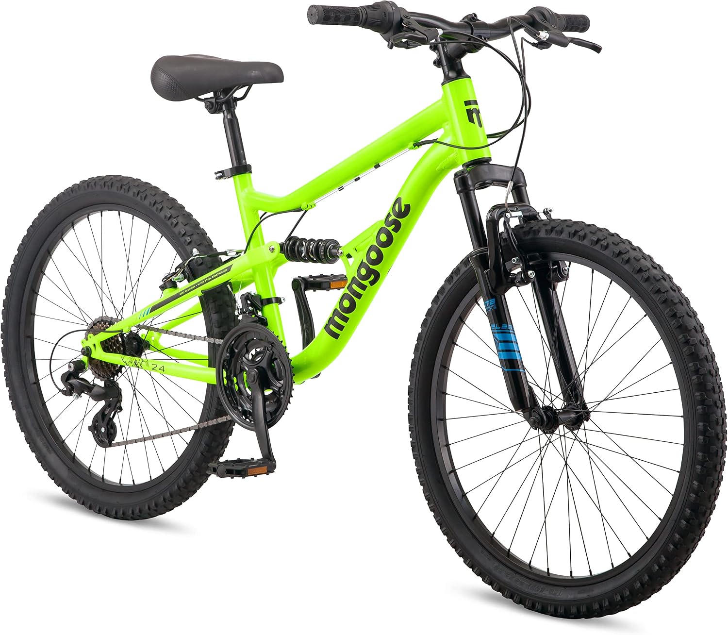 Mongoose Status Mountain Bike, 24 Inch Bike for Kids and Teens, 21 Speed, Aluminum Suspension Frame, Steel Rear Triangle, Suspension Fork, Knobby Mountain Tires, Linear Pull Brakes, For Boys and Girls