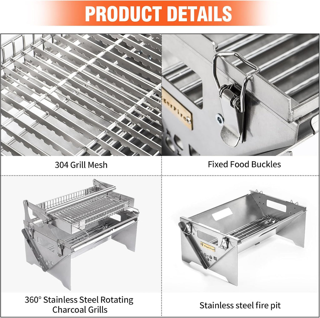 360° Rotating Barbecue Grill, Stainless Steel Flipping Barbecue Grills, Portable Camping Charcoal BBQ Grill Outdoor, Detachable Portable Charcoal Barbecue Grill for Picnic Yard Party