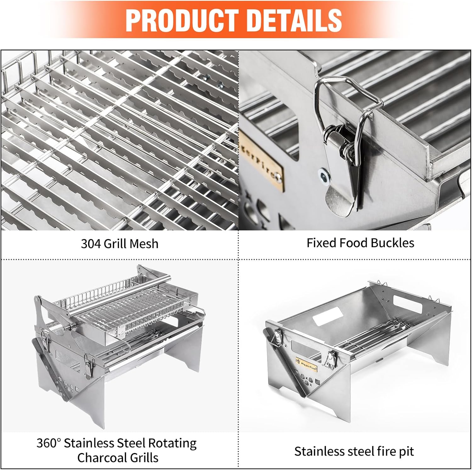 360° Rotating Barbecue Grill, Stainless Steel Flipping Barbecue Grills, Portable Camping Charcoal BBQ Grill Outdoor, Detachable Portable Charcoal Barbecue Grill for Picnic Yard Party