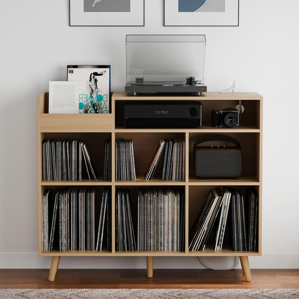 Cozy Castle Large Record Player Stand with Vinyl Storage Cabinet, Wood Turntable Table Open Shelf Holder Up to 500 Albums Cube Storage Organizer for Living Room, Office, Oak
