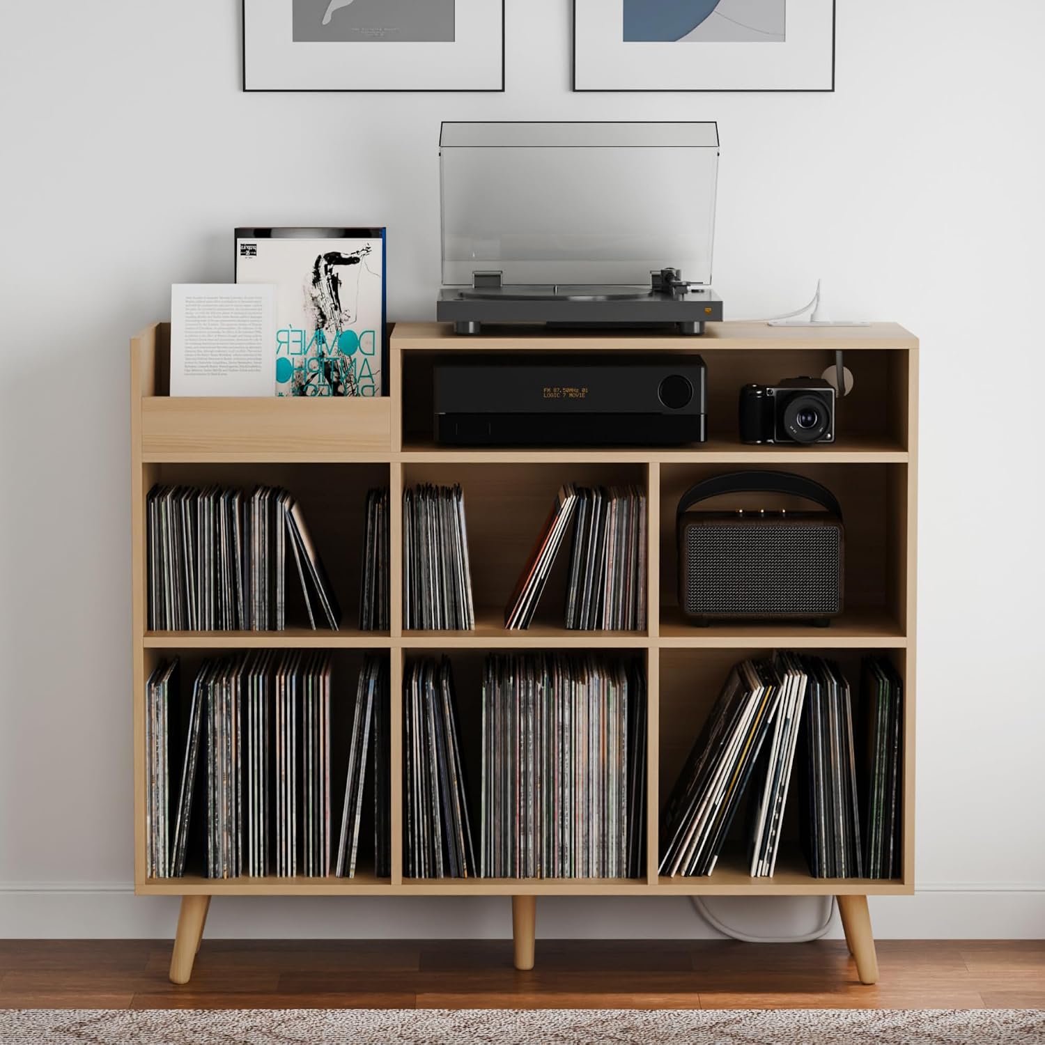 Cozy Castle Large Record Player Stand with Vinyl Storage Cabinet, Wood Turntable Table Open Shelf Holder Up to 500 Albums Cube Storage Organizer for Living Room, Office, Oak