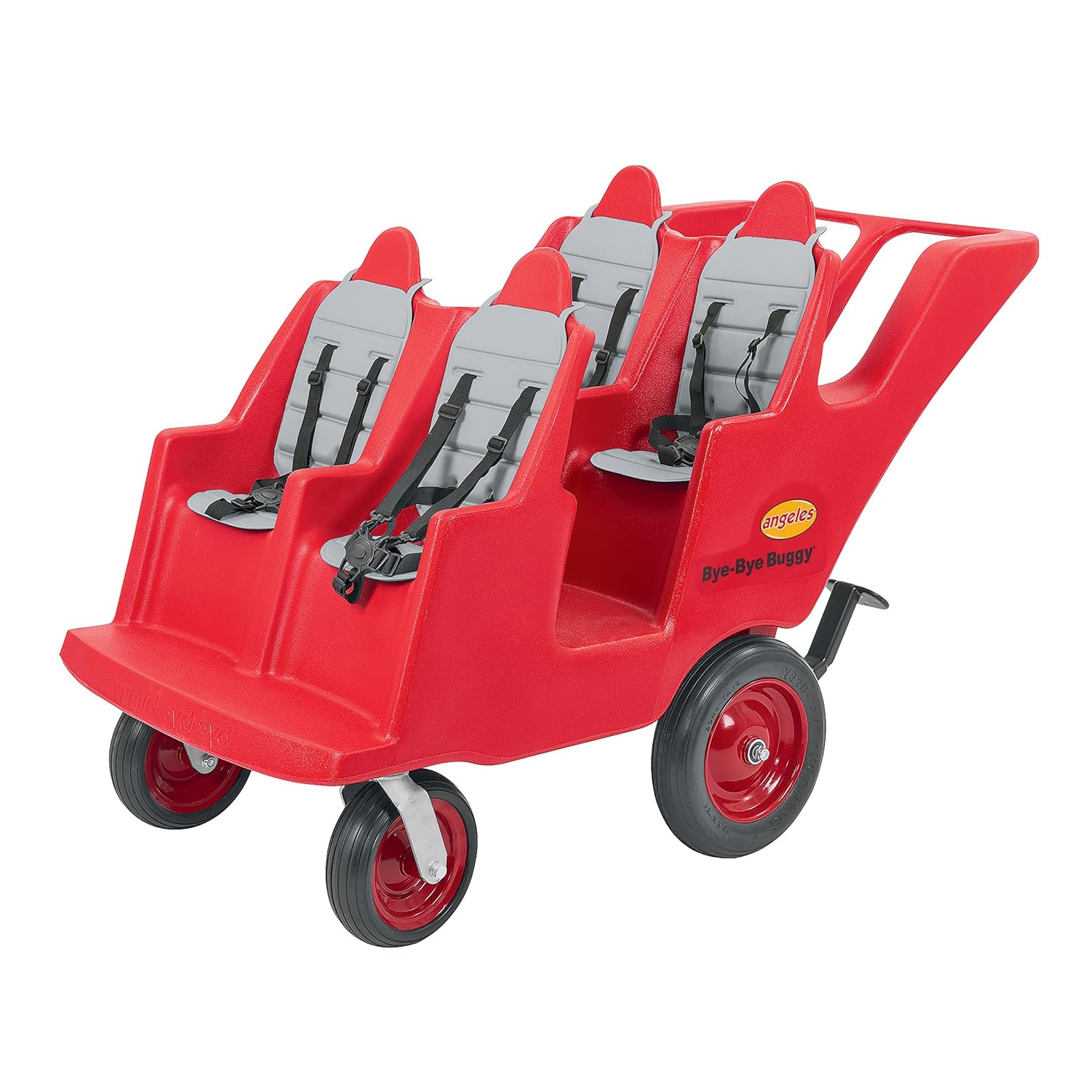 Angeles Bye Bye Buggy 4 Passenger Stroller, Sturdy Daycare Stroller with Fat Tires, Easy-to-Fasten Safety Buckles, Parking Brake, & 360 Pivoting Wheels, Red
