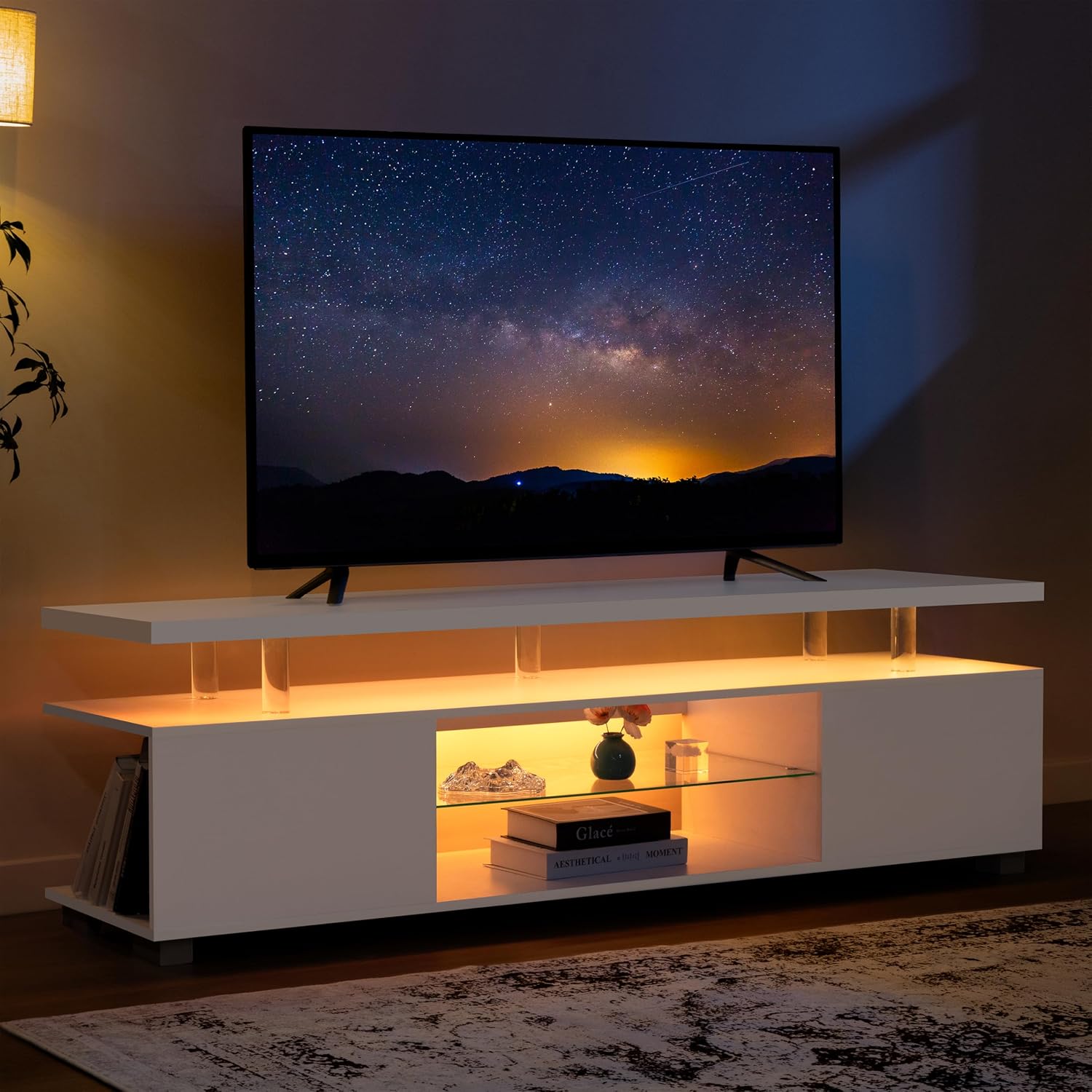 Cubehom TV Stand for 75+ inch TV, LED TV Stands for Living Room,White TV Cabinet,Long Entertainment Center for Living Room, Modern TV Table with Storage Bedroom,Home Office