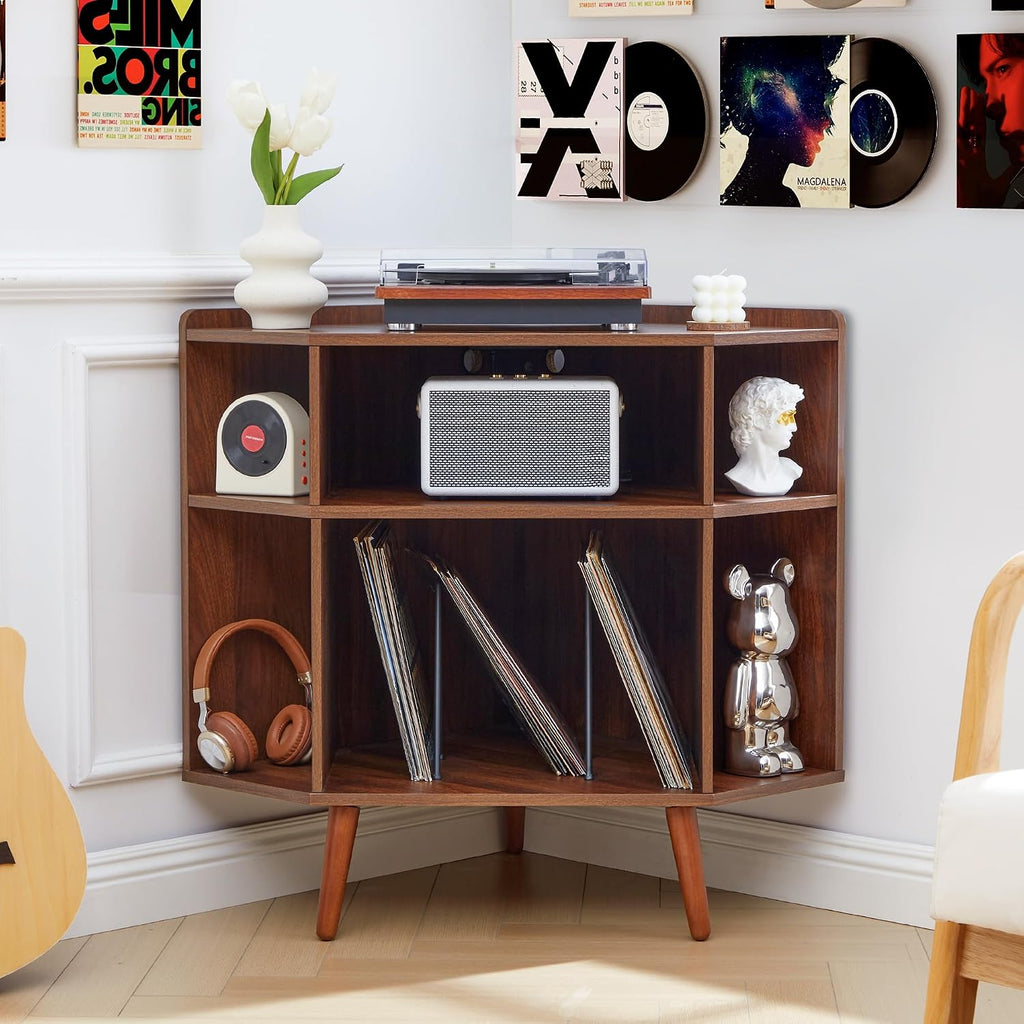 Corner Record Player Stand with Charging Station & USB Ports, 3 Tier Mid Century Modern Vinyl Record Storage Cabinet, Wood Turntable Stand for Music Room, Living Room, Small Space