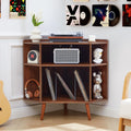 Corner Record Player Stand with Charging Station & USB Ports, 3 Tier Mid Century Modern Vinyl Record Storage Cabinet, Wood Turntable Stand for Music Room, Living Room, Small Space
