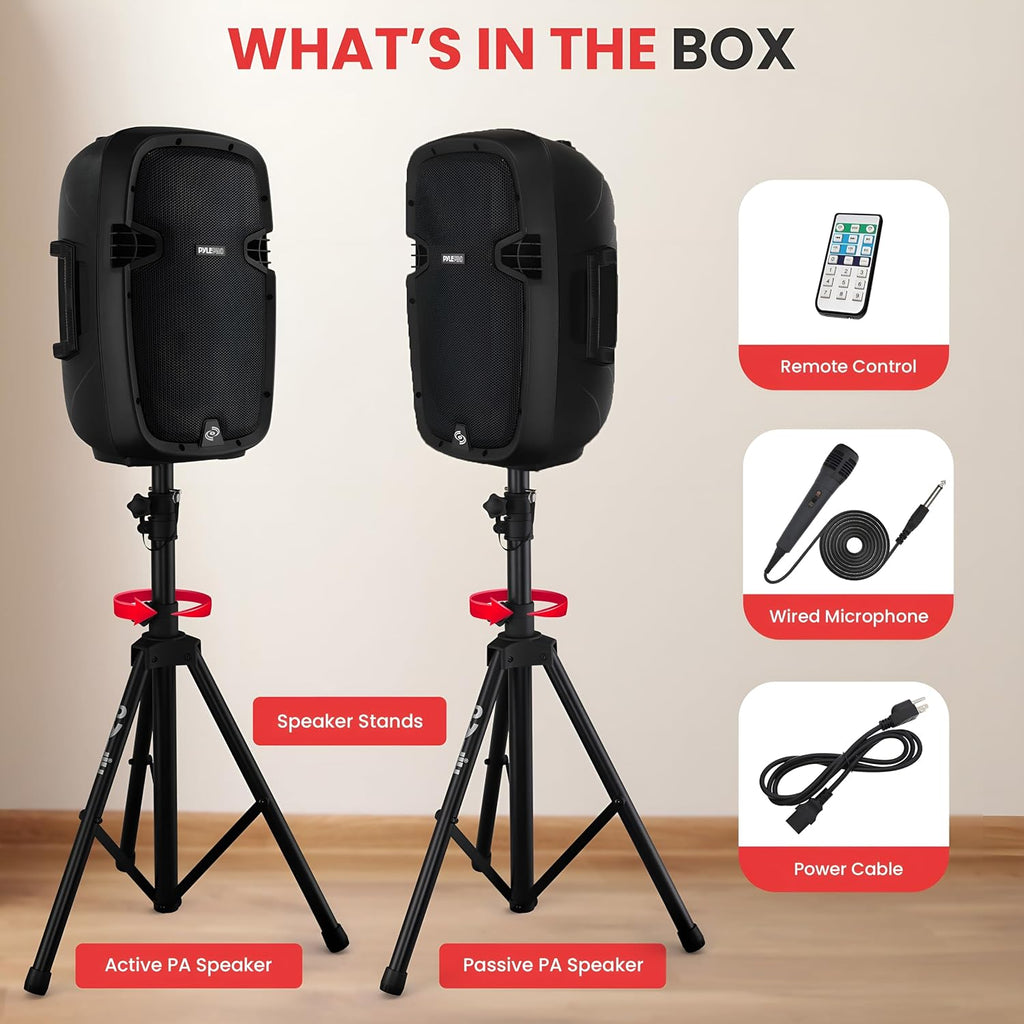Pyle 10' Wireless Portable PA system - 1000W High Powered Bluetooth Compatible Active + Passive Pair Outdoor Sound Speakers w/ USB SD MP3 AUX - 35mm Mount, 2 Stands, Microphone, Remote - PPHP1049KT