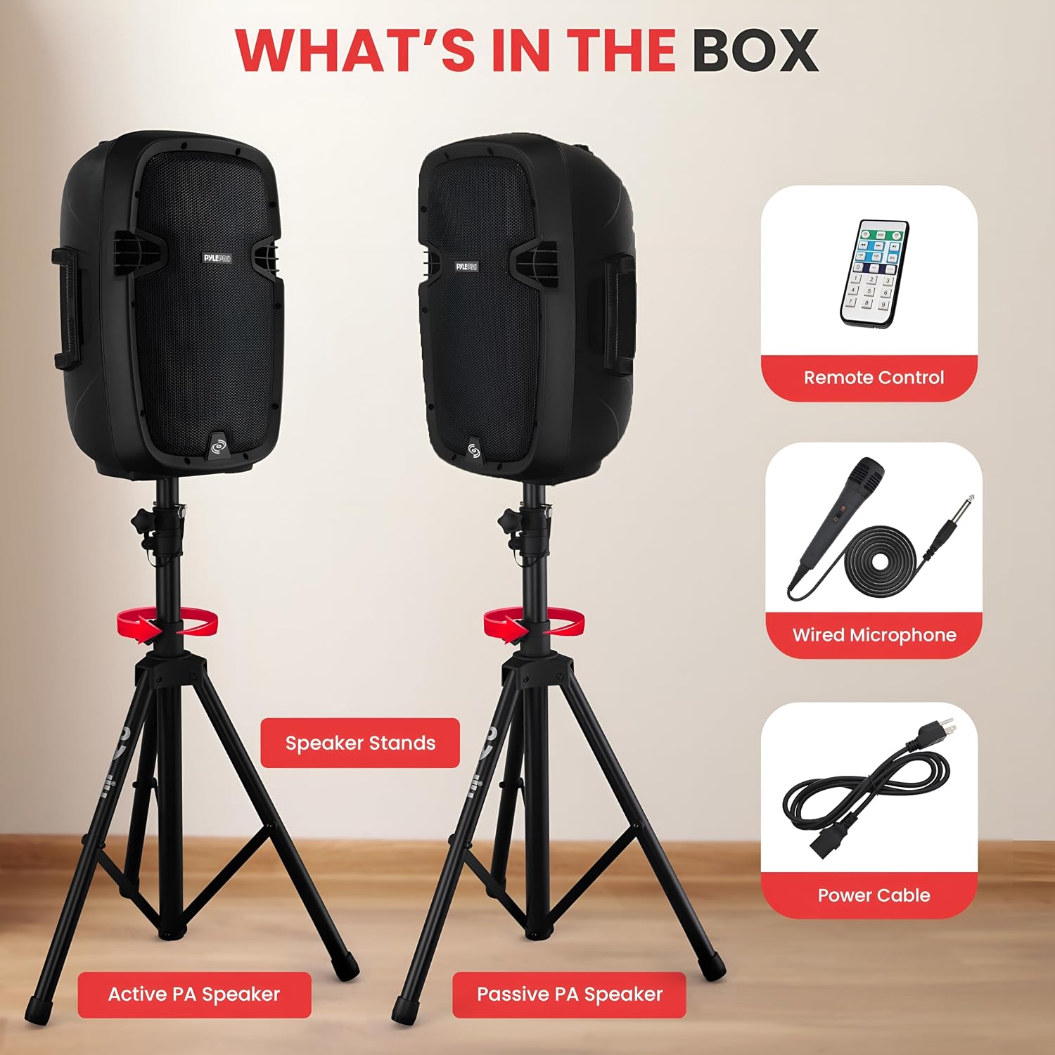 Pyle 10' Wireless Portable PA system - 1000W High Powered Bluetooth Compatible Active + Passive Pair Outdoor Sound Speakers w/ USB SD MP3 AUX - 35mm Mount, 2 Stands, Microphone, Remote - PPHP1049KT