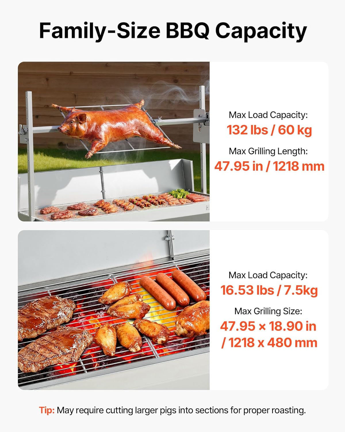VEVOR Rotisserie Grill, 46in BBQ Outdoor Pig & Lamb Spit Roaster, Charcoal Spit Roaster with 132 LBS Capacity, Wheels, 4-Level Height, Stainless Steel Electric Rotisserie Grill Kit for Camping Outdoor