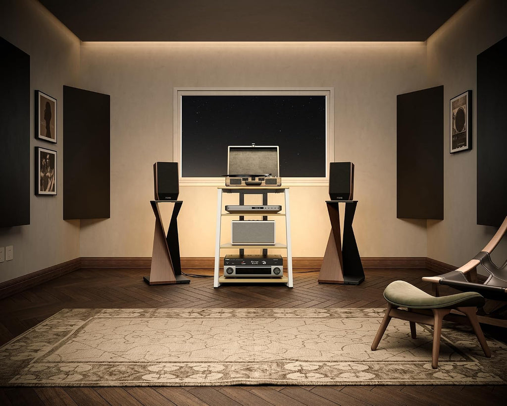 FITUEYES Design Stereo Cabinet 4-Tier Media Cabinet with LED Backlight Integrated Power Wooden Media Stand with Adjustable Shelves for Turntables Record Player Stereo Receiver CD Players AMP