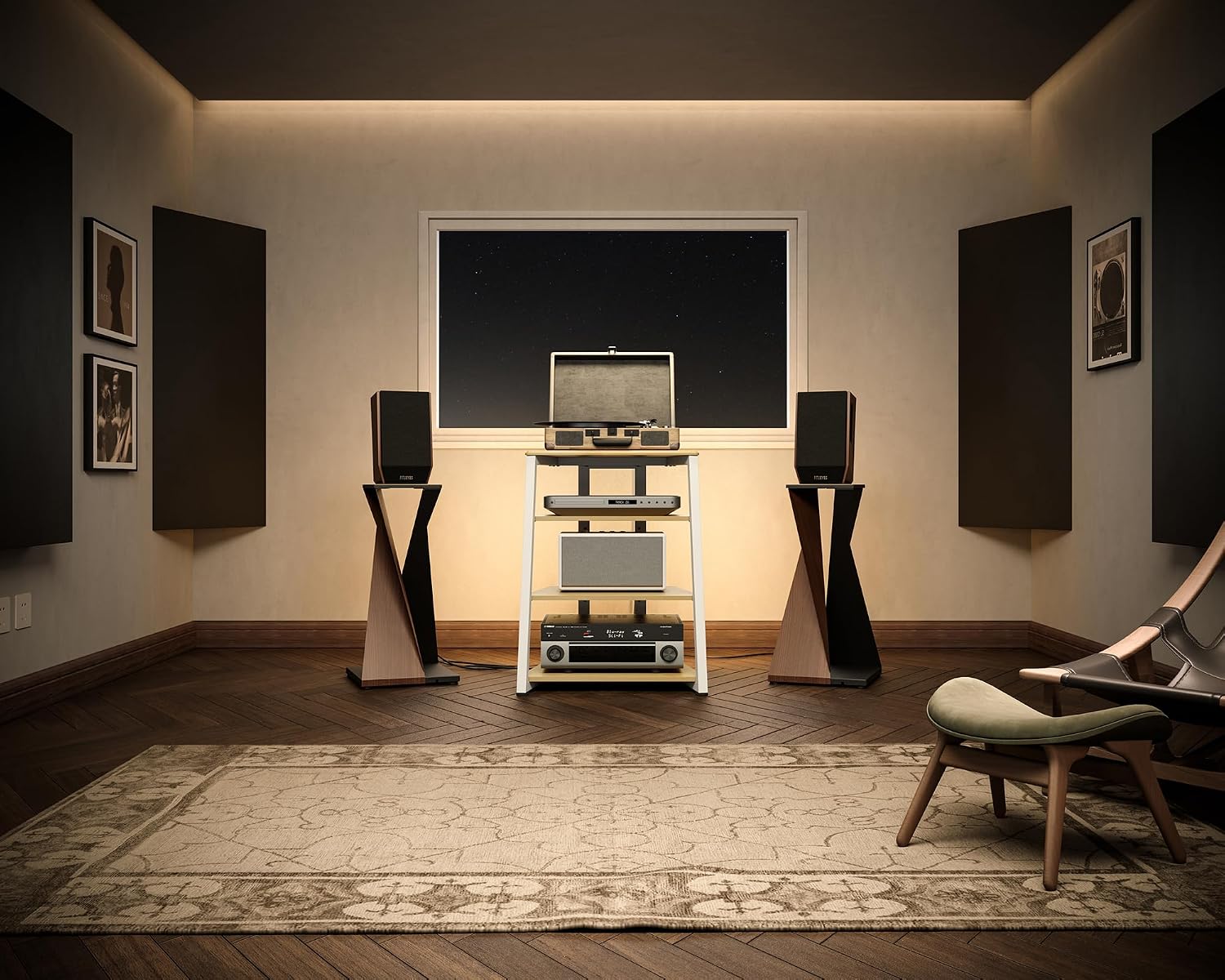 FITUEYES Design Stereo Cabinet 4-Tier Media Cabinet with LED Backlight Integrated Power Wooden Media Stand with Adjustable Shelves for Turntables Record Player Stereo Receiver CD Players AMP