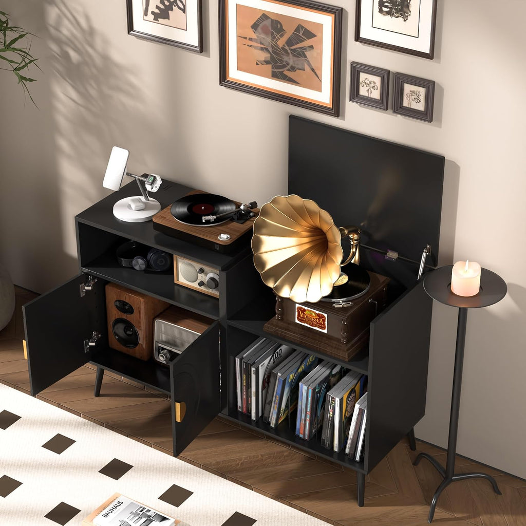 Fiogmub Large Record Player Stand, Mid Century Turntable Stand with Door, Record Player Table Holds Up to 350 Albums,Vinyl Display Shelf for Living Room