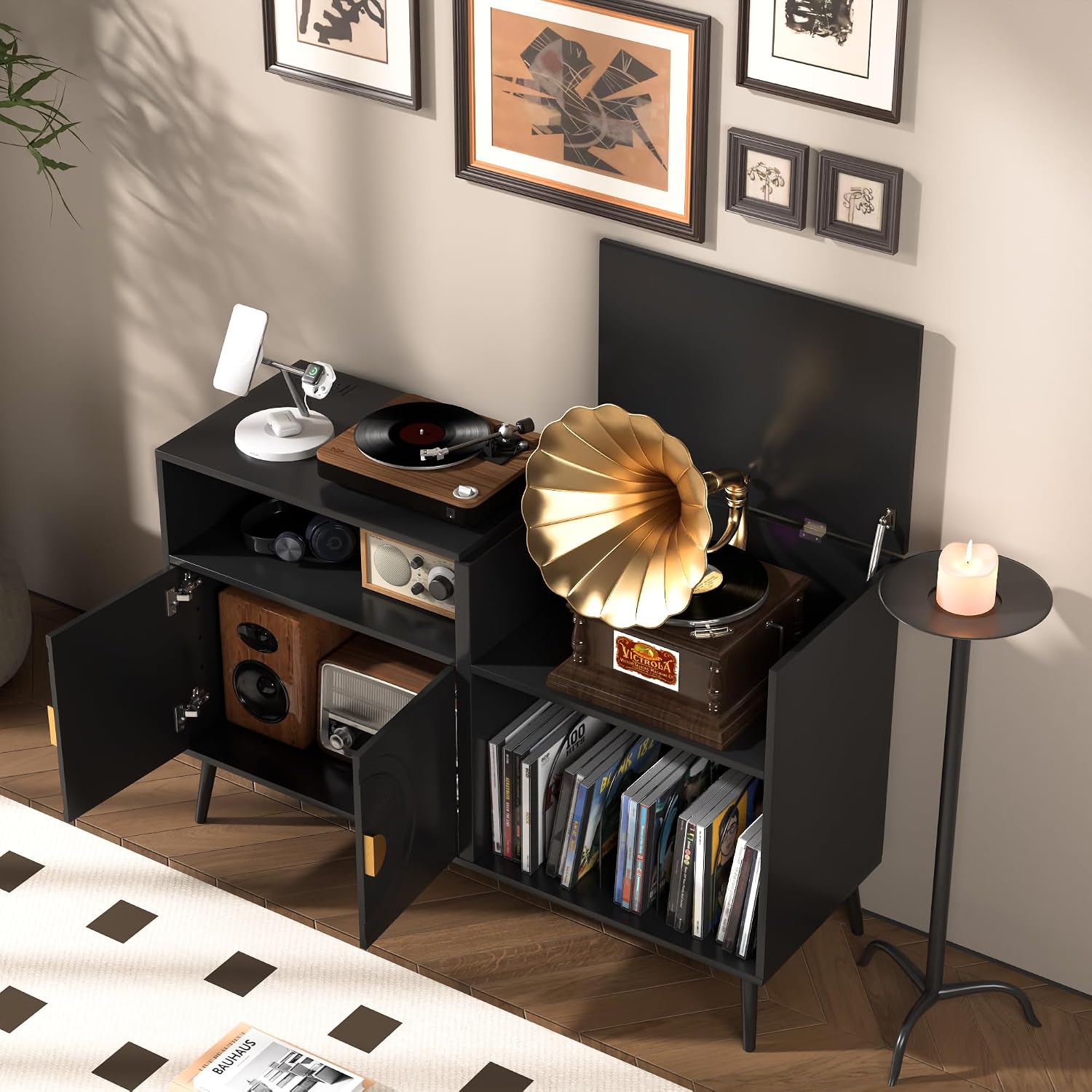Fiogmub Large Record Player Stand, Mid Century Turntable Stand with Door, Record Player Table Holds Up to 350 Albums,Vinyl Display Shelf for Living Room