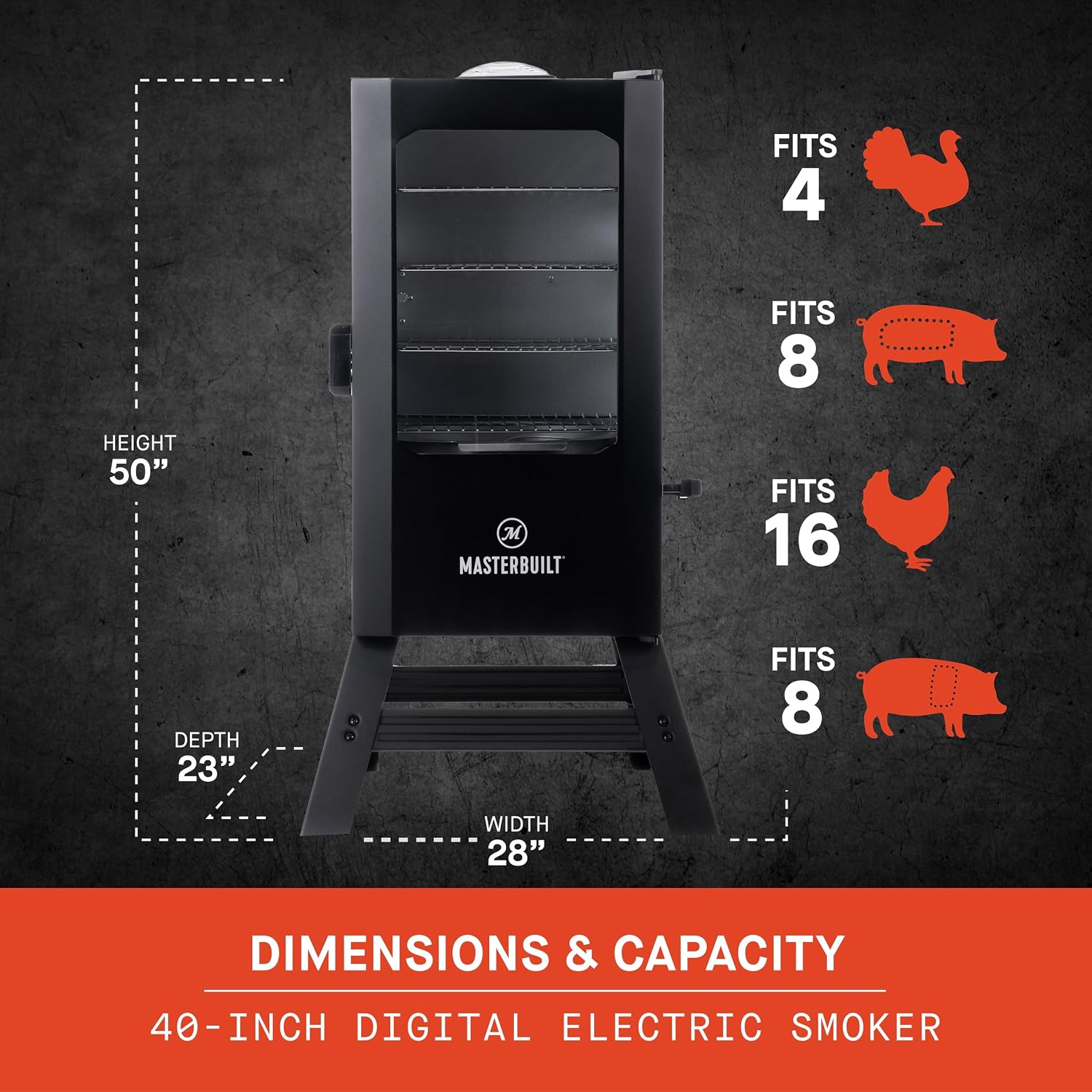 Masterbuilt® 40-inch Digital Electric Vertical BBQ Smoker with Leg Kit, Side Wood Chip Loader and 970 Cooking Square Inches in Black, Model MB20070122