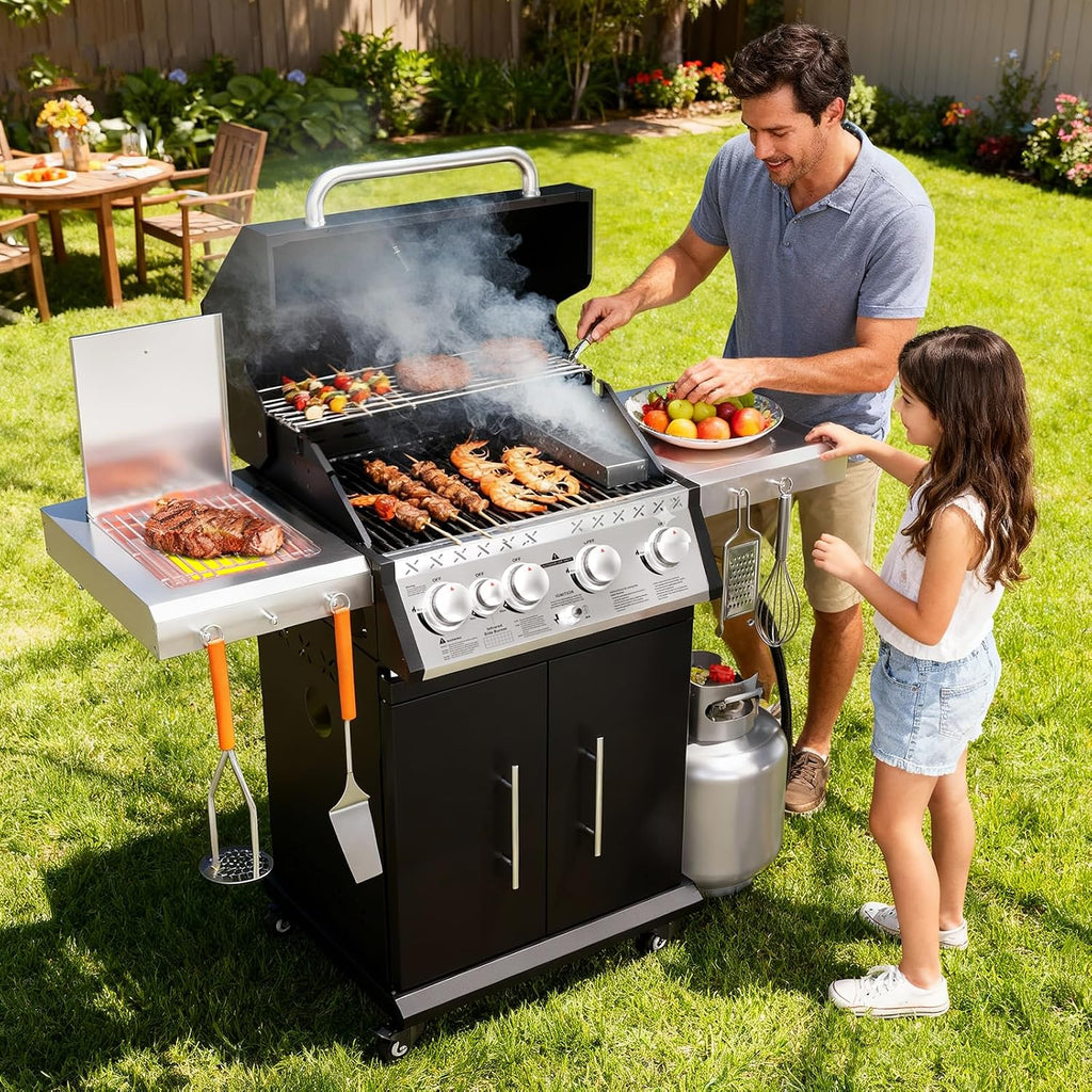 SKOK 4 Burner Propane Gas Grill with Infrared Side and Rear Burners, Outdoor BBQ Grill with Cast Iron Grates, Barbecue Grill with Wheels, 60,000BTU Output