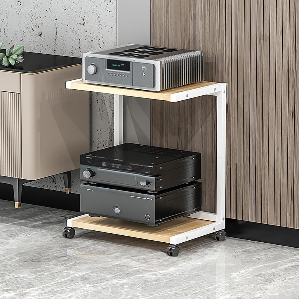 AV Media Stand with Wheels, Gaming Shelves Audio Cabinet Stereo Component Cabinet Small Media Console Storage Rack Audio Tower Corner Entertainment Center for Record Player(White,50x40x61cm)