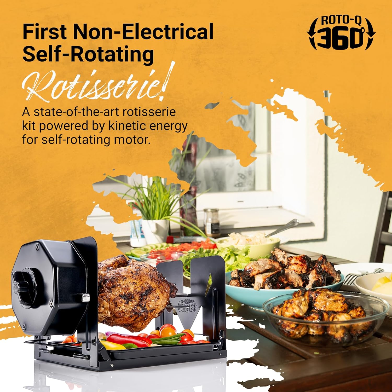 ROTO-Q 360 Family Rotisserie Kit – Non-Electric Wind-Up Spit Roaster with Basket, Flat Cage, Skewer Set & Mat for Grill, Oven, Smoker, Portable BBQ Cooking, Tailgating, or Camping Use