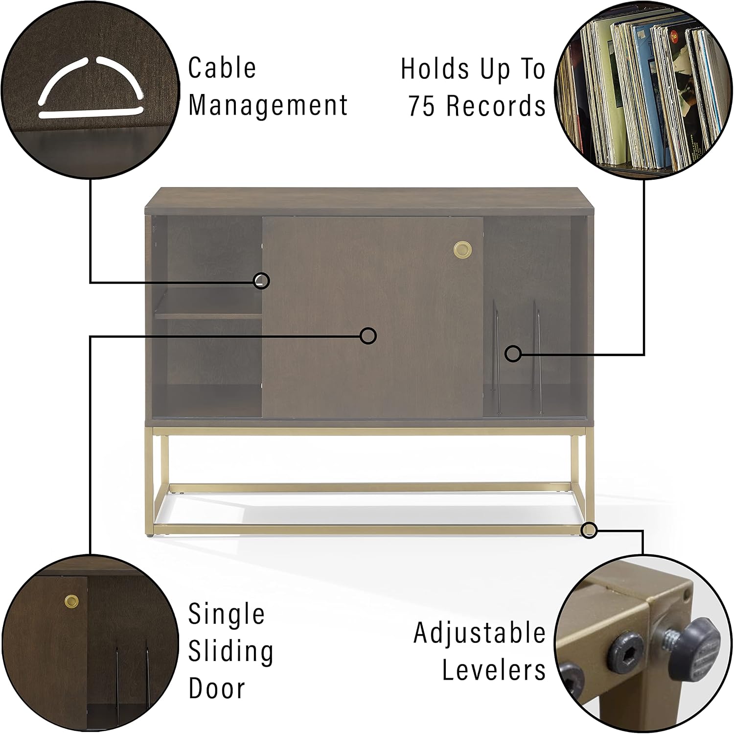 Crosley Furniture Byron Media Console and Record Player Stand with Storage for Vinyl Records, Dark Brown/Gold
