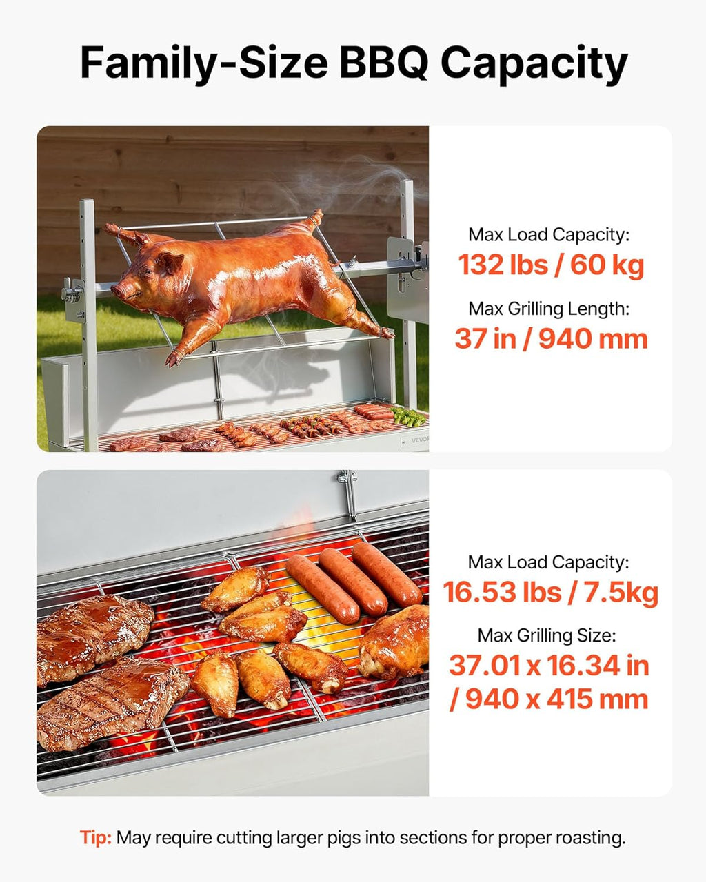 VEVOR Rotisserie Grill, 37in BBQ Outdoor Pig & Lamb Spit Roaster, Charcoal Spit Roaster with 132 LBS Load Capacity & 7-Level Height, Stainless Steel Electric Rotisserie Grill Kit for Camping Outdoor
