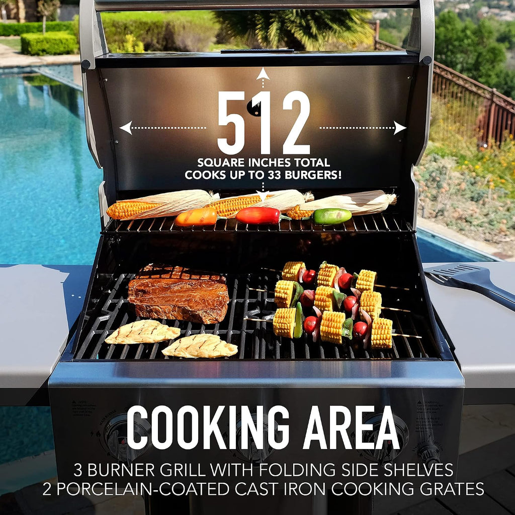 Permasteel 3-Burner Propane Gas Grill, 30,000 BTUs BBQ Grill with Cast Iron Grates, Foldable Side Tables & Tool Hooks, Outdoor Grill, Mocha