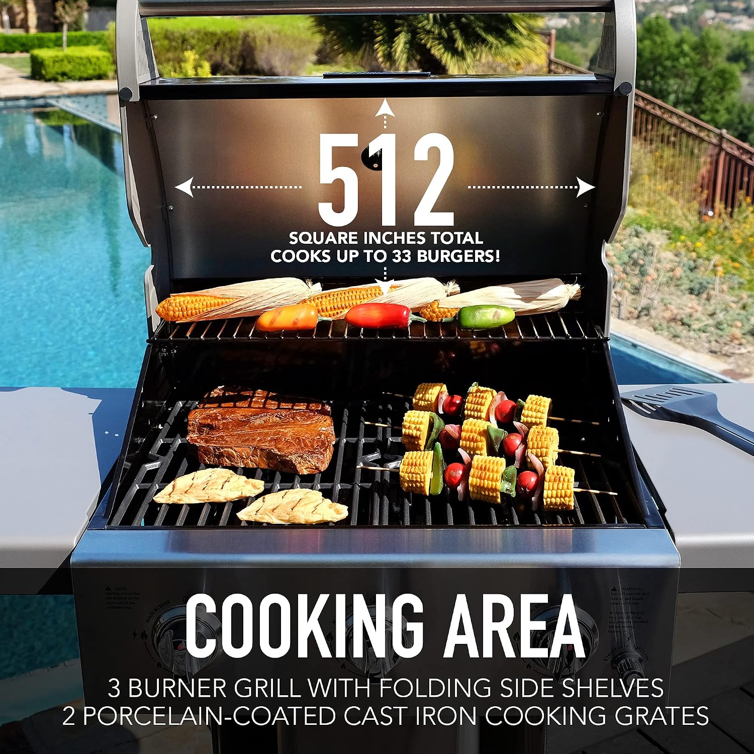 Permasteel 3-Burner Propane Gas Grill, 30,000 BTUs BBQ Grill with Cast Iron Grates, Foldable Side Tables & Tool Hooks, Outdoor Grill, Mocha