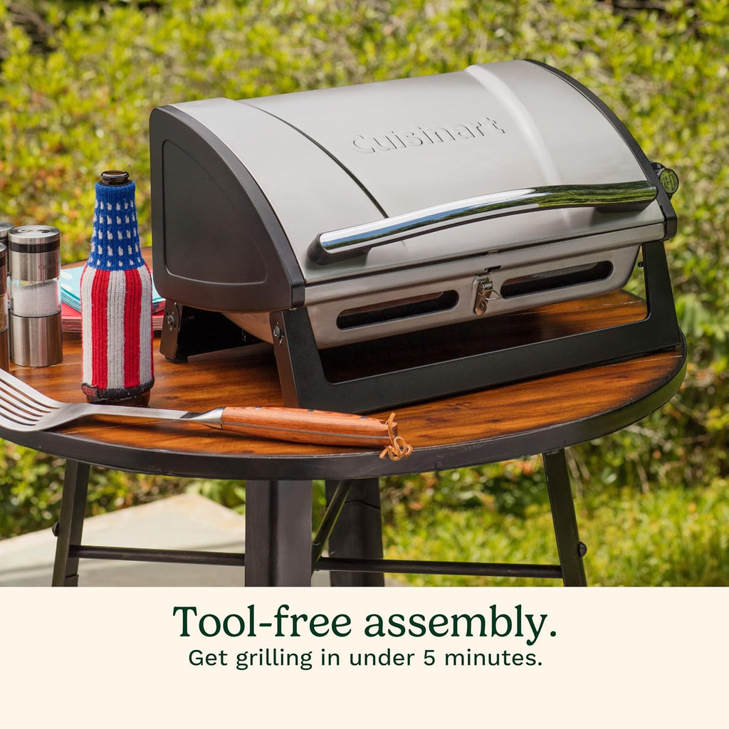 Cuisinart Grillster Portable Gas Grill, Stainless Steel Compact BBQ Grill with Locking Lid for Easy Transport, 8000 BTU Propane Grill with Dishwasher Safe Cooking Grate, Small Grill for Camping & BBQ