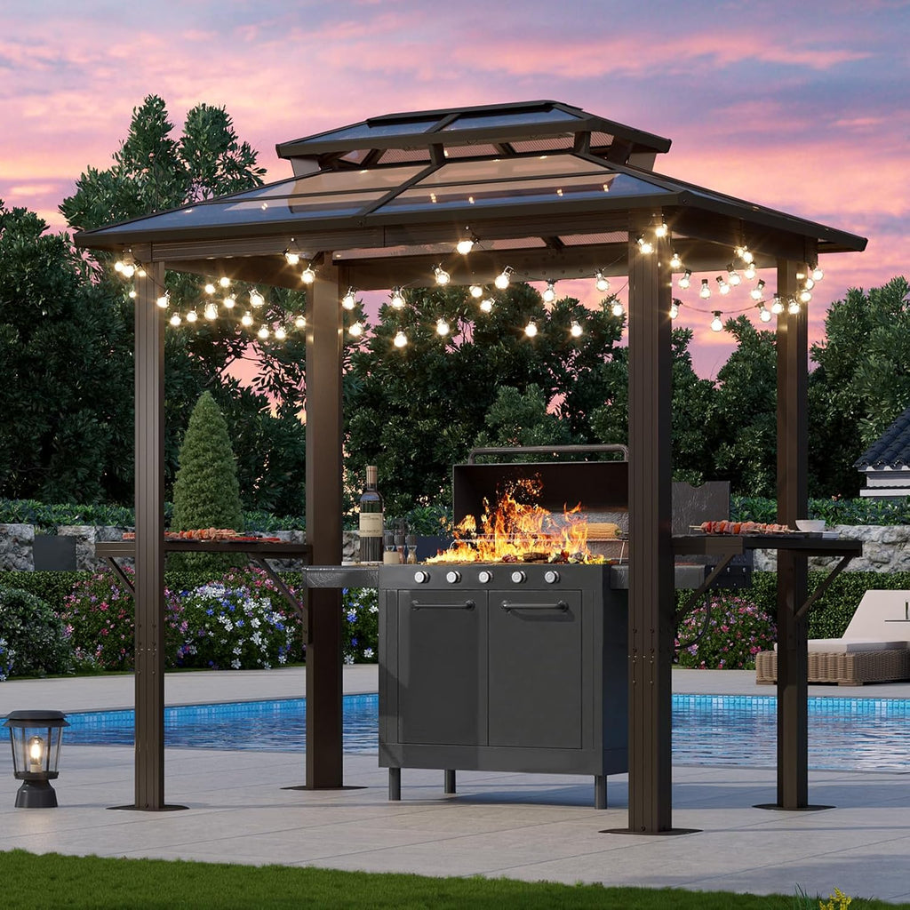 Aoxun Grill Gazebo 8 x 5FT, Aluminum BBQ Gazebo with Double Polycarbonate Top, Grill Canopy Hardtop with Shelves for Lawn, Patio, Garden