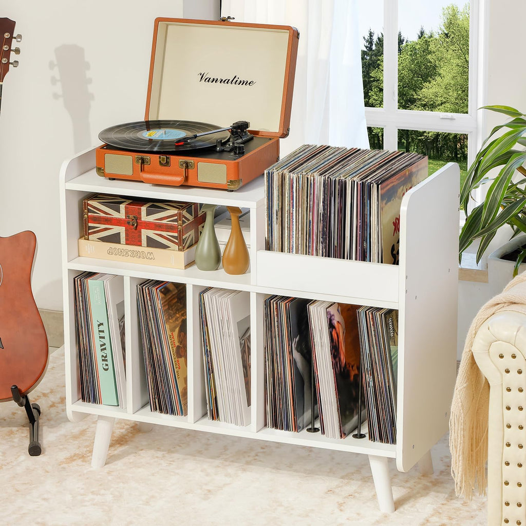 Record Player Stand, Large Record Player Table Cabinet with Open Vinyl Storage and Display Shelf Holds up to 350 Albums, Mid Century Wood Turntable for Living Room, Bedroom (White)
