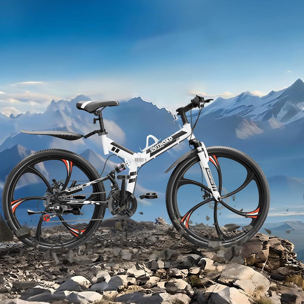 Outroad 26 Inch Folding Mountain Bike, 21 Speed Full Suspension High-Carbon Steel MTB Foldable Bicycle, Dual Disc Brake Non-Slip Folding Bikes for Adults/Men/Women, Black, Orange and Green