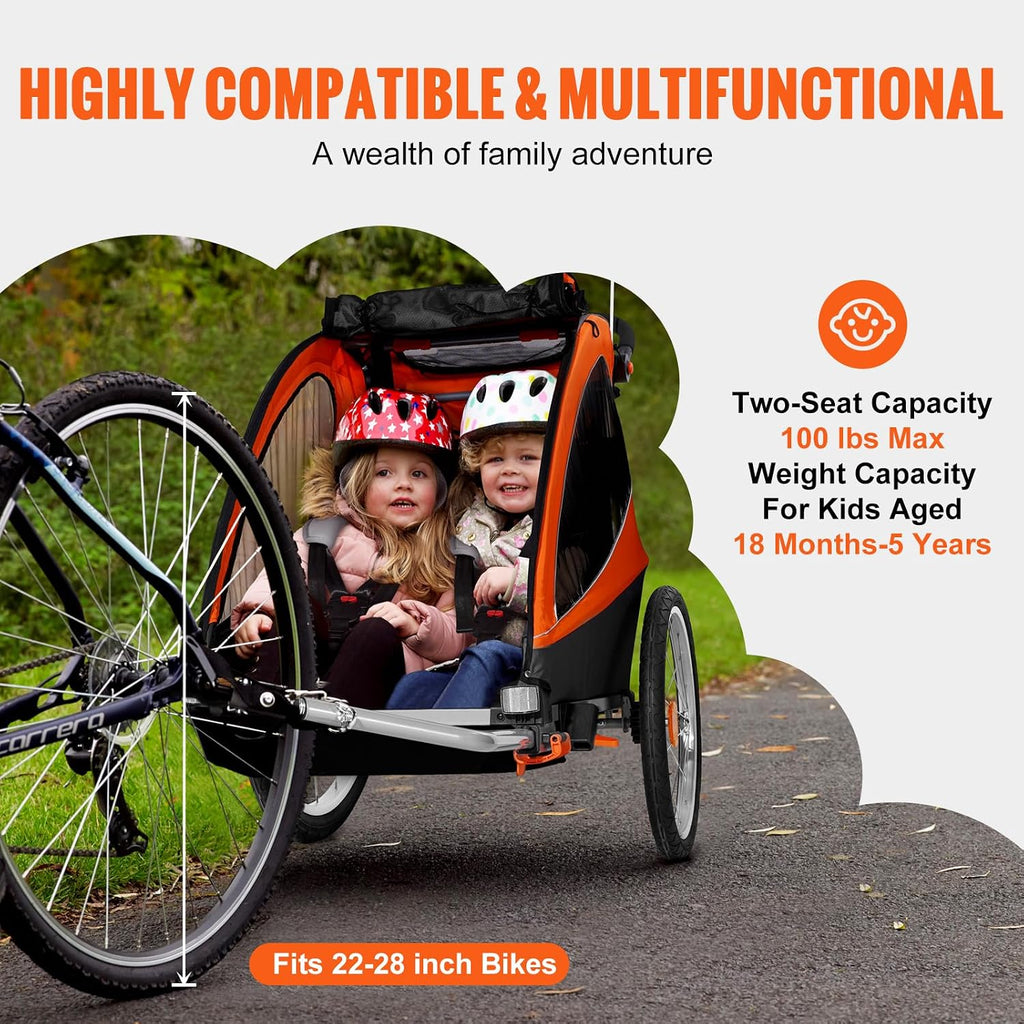 VEVOR Bike Trailer for Toddlers Kids, Single & Double Seat Options, 2-in-1 Canopy Carrier with Strong Frame Converts to Stroller, Tow Behind Foldable Child Bicycle Trailer with Universal Coupler