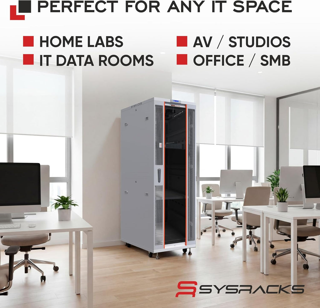 32U Server Rack Cabinet – 19' Network Rack Enclosure, 35' Deep Floor Standing Data Rack with Locking Glass Door, Cooling Fans, PDU & Shelf for Servers, Switches and Patch Panels