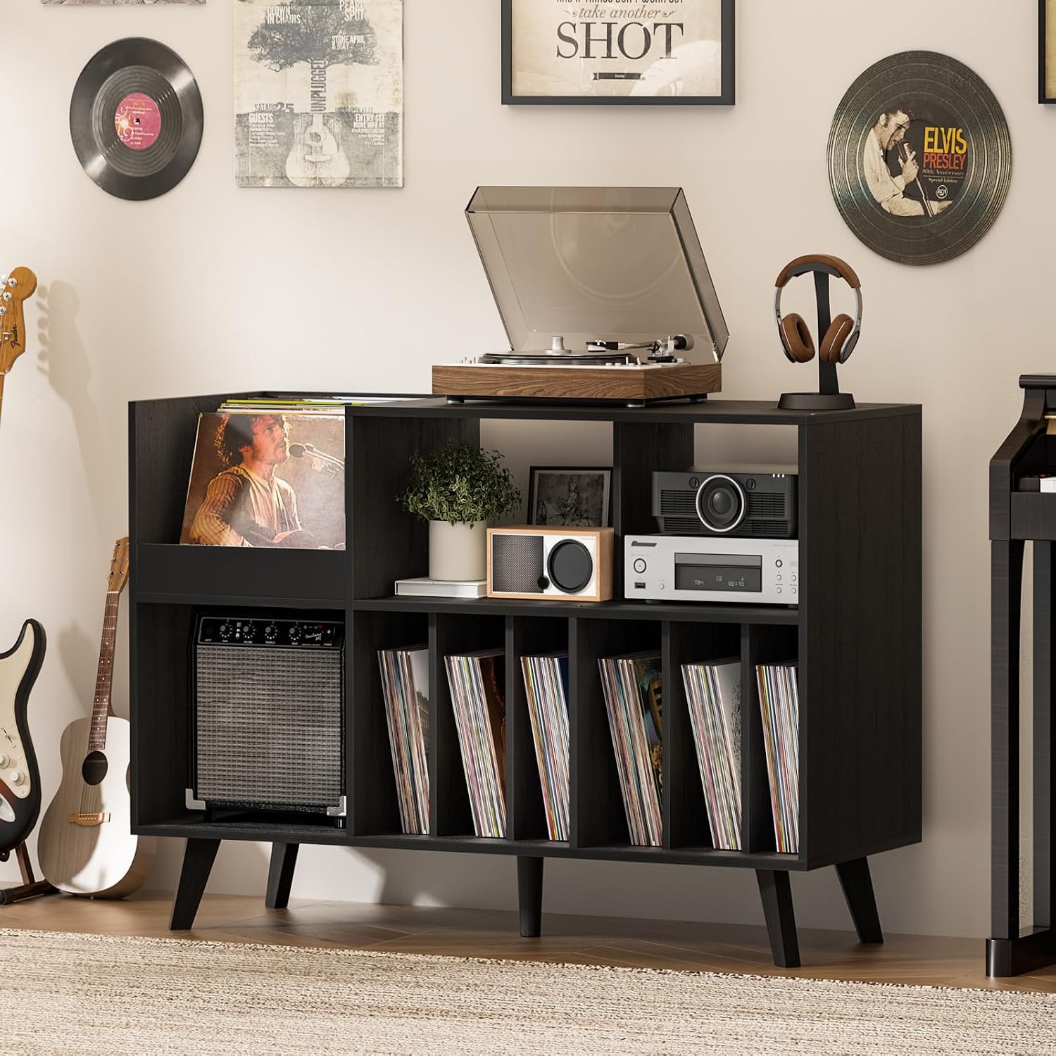 LELELINKY Large Record Player Stand, 48''Turntable Stand with Storage, Vinyl Record Holder with Display Area, Record Player Table Holds Up to 450 Albums, Record Stand for Music Room Living Room