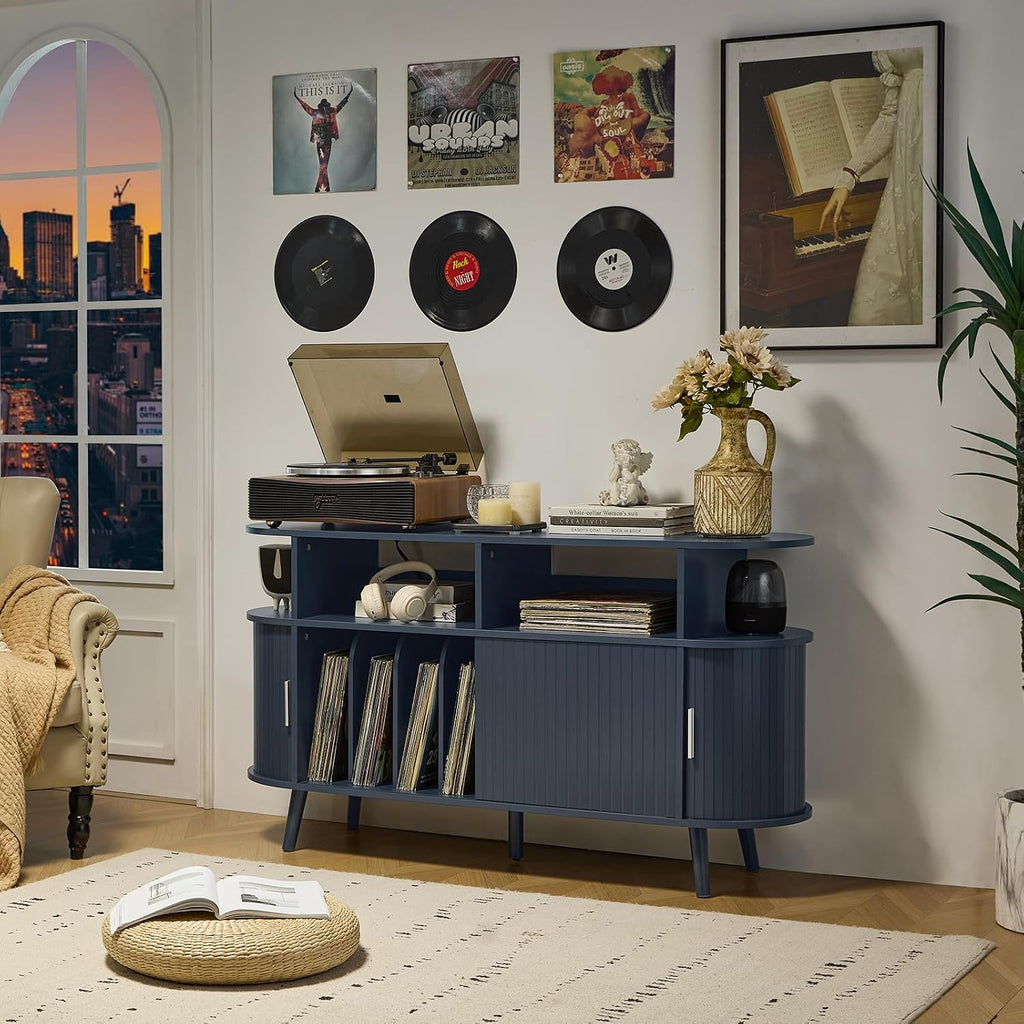 LELELINKY Extra Large Round Record Player Stand with Charging Station & Fluted Panel, Mid Century Modern Turntable Cabinet with Vinyl Storage, Arched Wood Record Player Table for Living Room,Blue