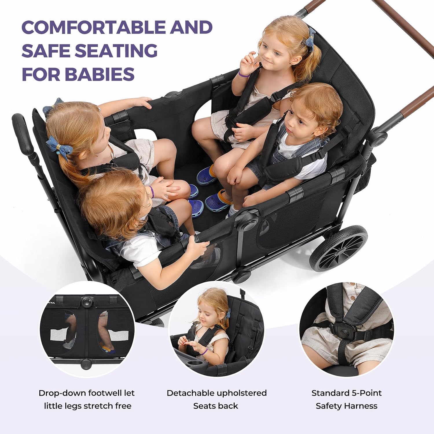 ELEMARA Wagon Stroller 4 Seater, Premium Stroller Wagon for 4 Kids, Foldable All-Terrain Wagon for Kids with Canopy, Adjustable Push/Pull Handles,Convertible High Seat&Organizer, Black