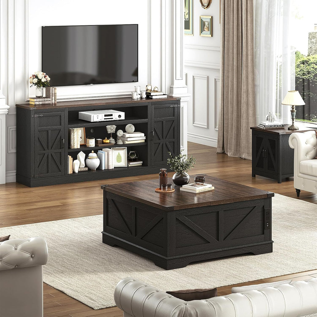 Hlivelood 75' Farmhouse TV Stand with Power Outlets for 85 Inch TVs, 33' Tall Entertainment Center with Storage Cabinets w/Adjustable Shelves, Rustic Large TV Media Console, Black