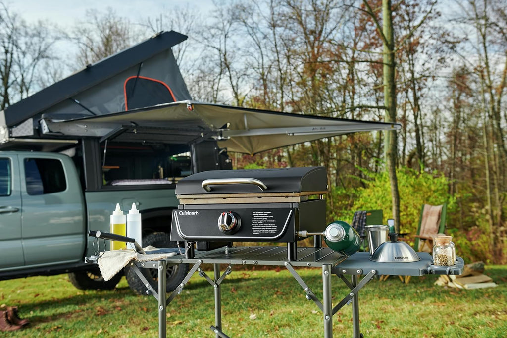 Cuisinart 17' Tabletop Gas Griddle with Hood, Easy Assembly Compact Outdoor Flat-Top Grill with Grease Cup, 255 Sq. In Cooking Space Perfect for Camping, Tailgates and BBQs