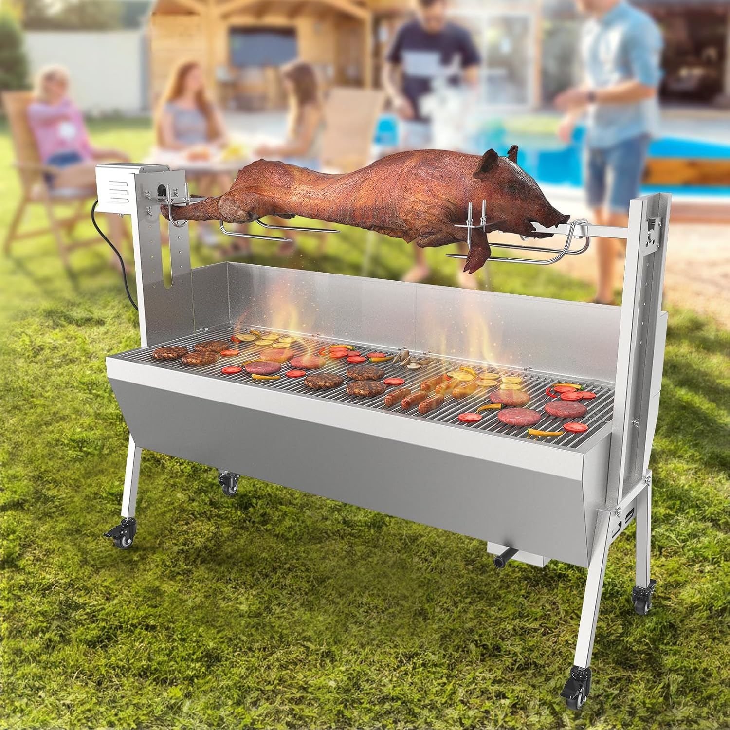 ROVSUN Rotisserie Grill with Windscreen, 46 Inch 176 Lbs Capacity, BBQ Outdoor Pig Lamb Goat Charcoal Spit Roaster, Stainless Steel Rotisserie Grill for Camping Barbecue Party