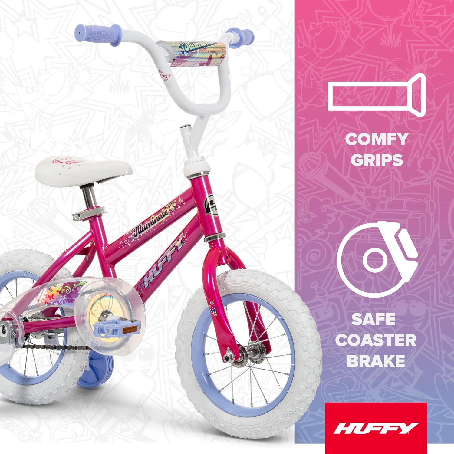 Huffy Illuminate Bike for Girls, 12/16/20 Inch Size Options, Ages 3+ Years Old, Removable Training Wheels (12' and 16' Only), Multiple Color Options, Easy Assembly, Adjustable Seat, Durable