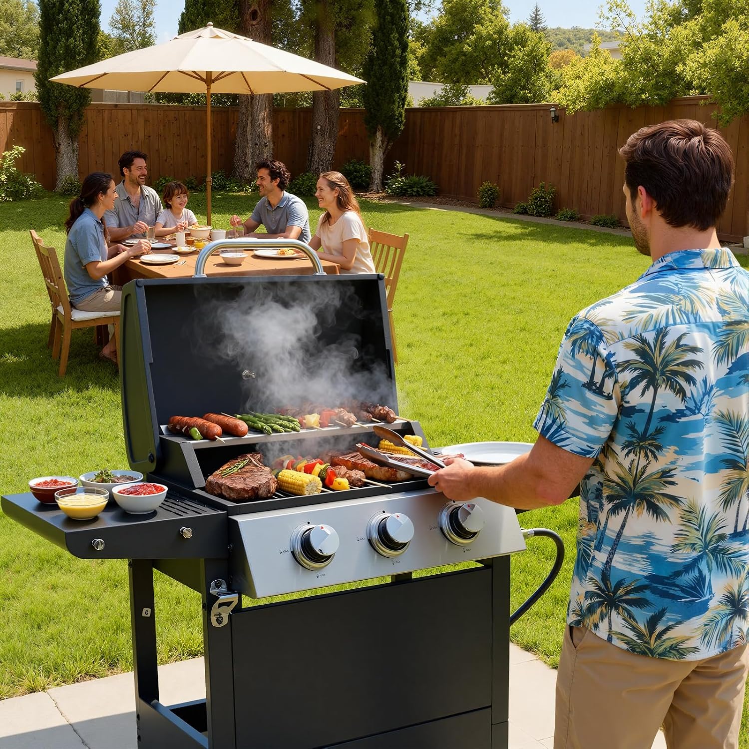EUHOME Stainless Steel 3-Burner Gas Grill, 25650 BTU Outdoor BBQ Grill with Side Table, 338 sq.in Cooking Area, Perfect for Patio, Deck & Family Barbecues