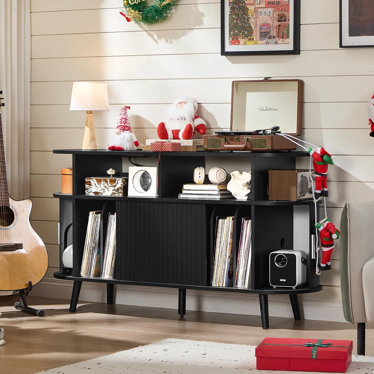 LELELINKY Extra Large Round Record Player Stand with Charging Station & Fluted Panel, Mid Century Modern Turntable Cabinet with Vinyl Storage, Arched Wood Record Player Table for Living Room,Black