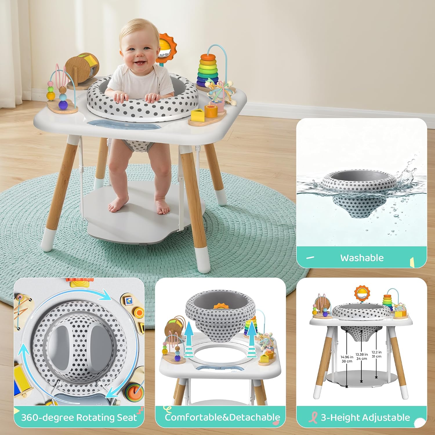 Kizfarm 3-Stage Baby Activity Center, Montessori-Inspired Design, 7 Interactive Toys with Teether, Exersaucer&Toddler Table, Shower Gift, 3 6 12 Month Old Baby Essential, Toy for Baby Infant Toddler