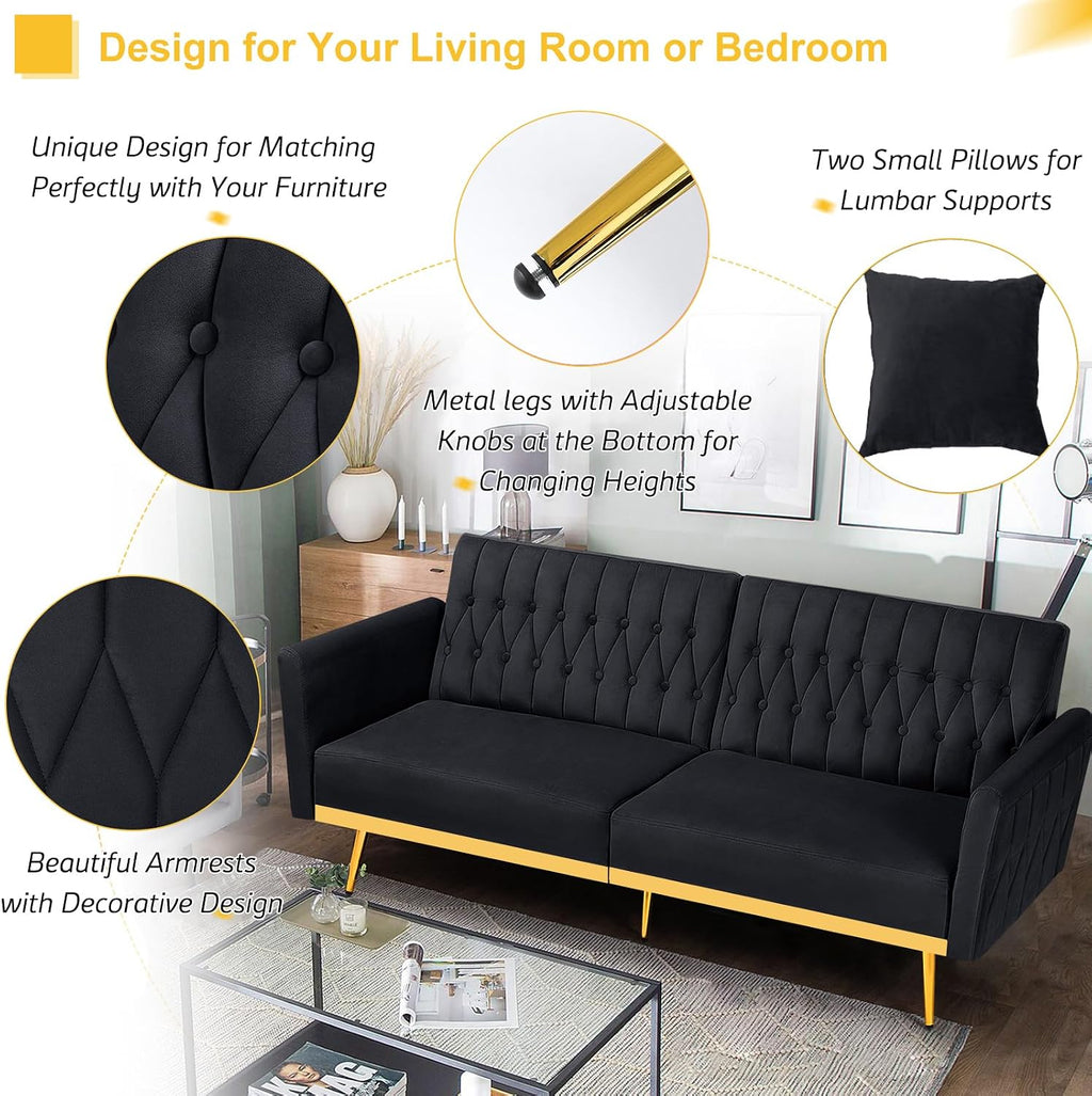 70' Velvet Futon Sofa Bed with 2 Pillows and Adjustable Armrests, Convertible Sleeper Bed W/Adjustable Backrests, Modern Loveseat for Living Room, Bedroom, Black