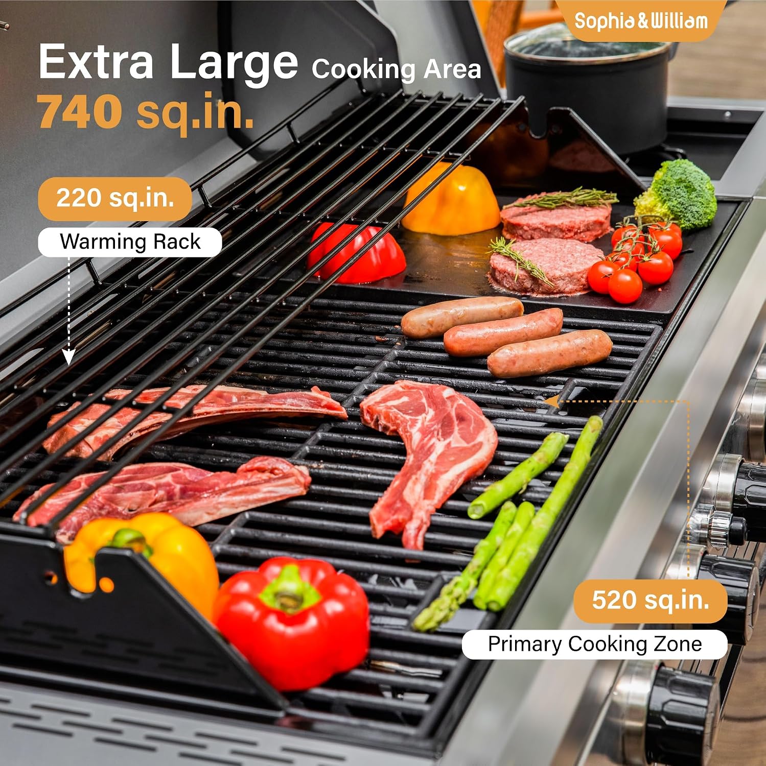 Sophia & William 6-Burner Propane Gas BBQ Grill with Side Burner & Porcelain-Enameled Cast Iron Grates, Gas Grill Griddle Combo for Outdoor Cooking, Barbecue Events, 740 SQ.IN. Cooking Area, Black
