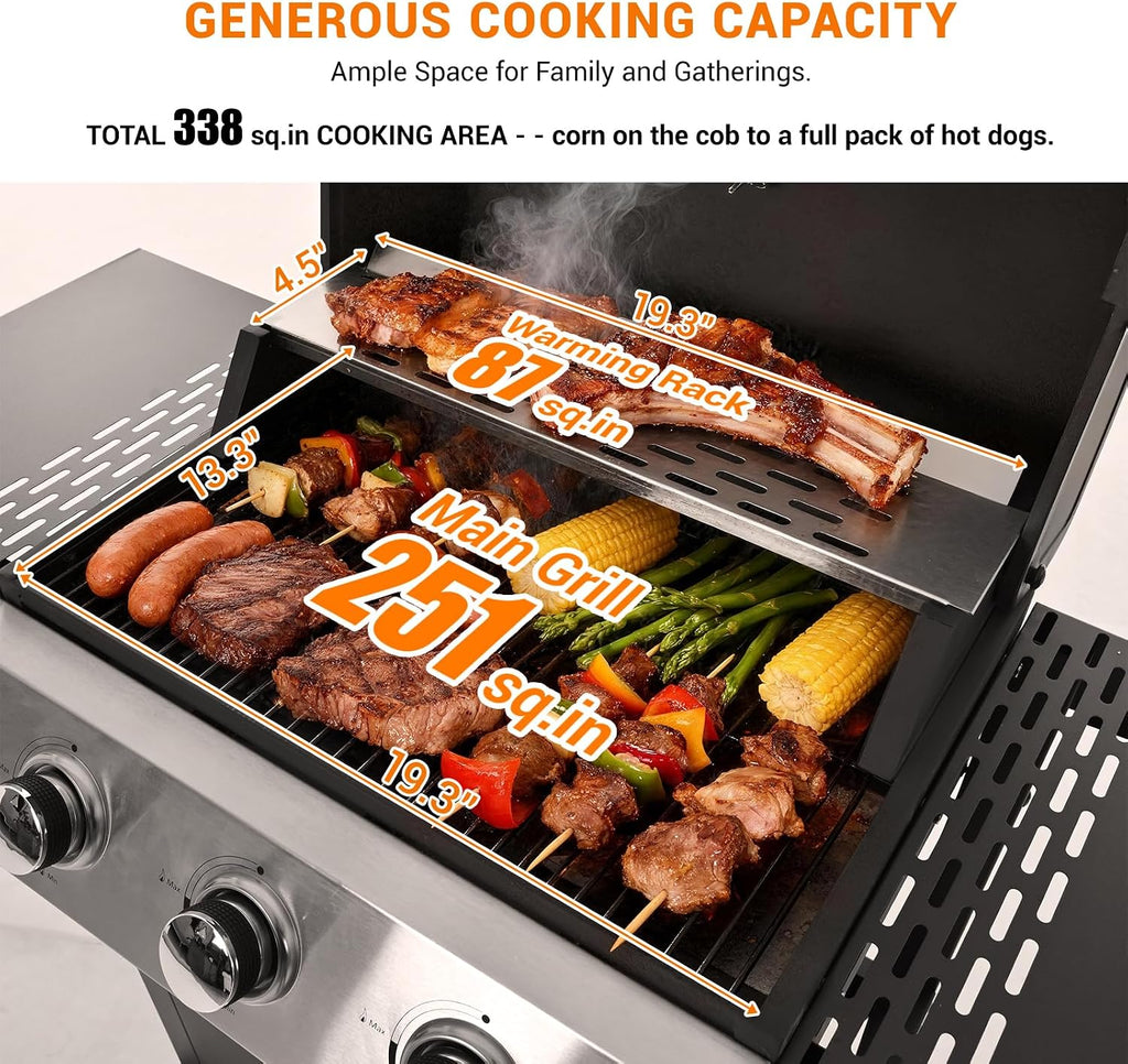 EUHOME Stainless Steel 3-Burner Gas Grill, 25650 BTU Outdoor BBQ Grill with Side Table, 338 sq.in Cooking Area, Perfect for Patio, Deck & Family Barbecues