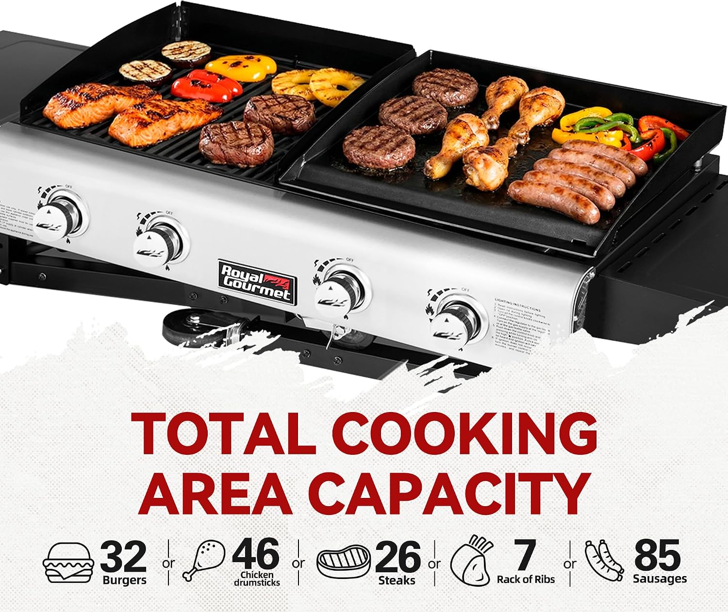 Royal Gourmet GD401C 4-Burner Propane Gas Grill and Griddle Combo with Cover, Griddle Grill Combo with 48,000 BTUs Output for Outdoor Cooking While Camping or Tailgating, Black & Silver