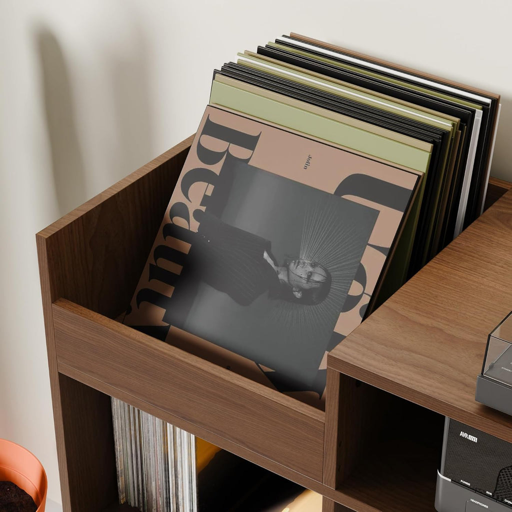 Cozy Castle Large Record Player Stand with Vinyl Storage Cabinet, Wood Turntable Table Open Shelf Holder Up to 500 Albums Cube Storage Organizer for Living Room, Office, Brown